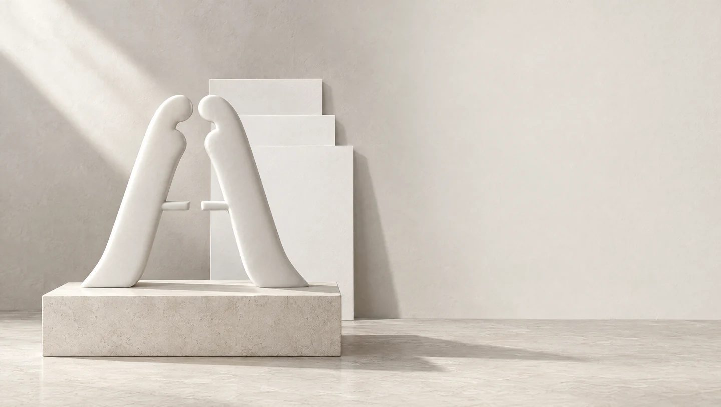 Alena's porcelain monogram: two figures facing one another
