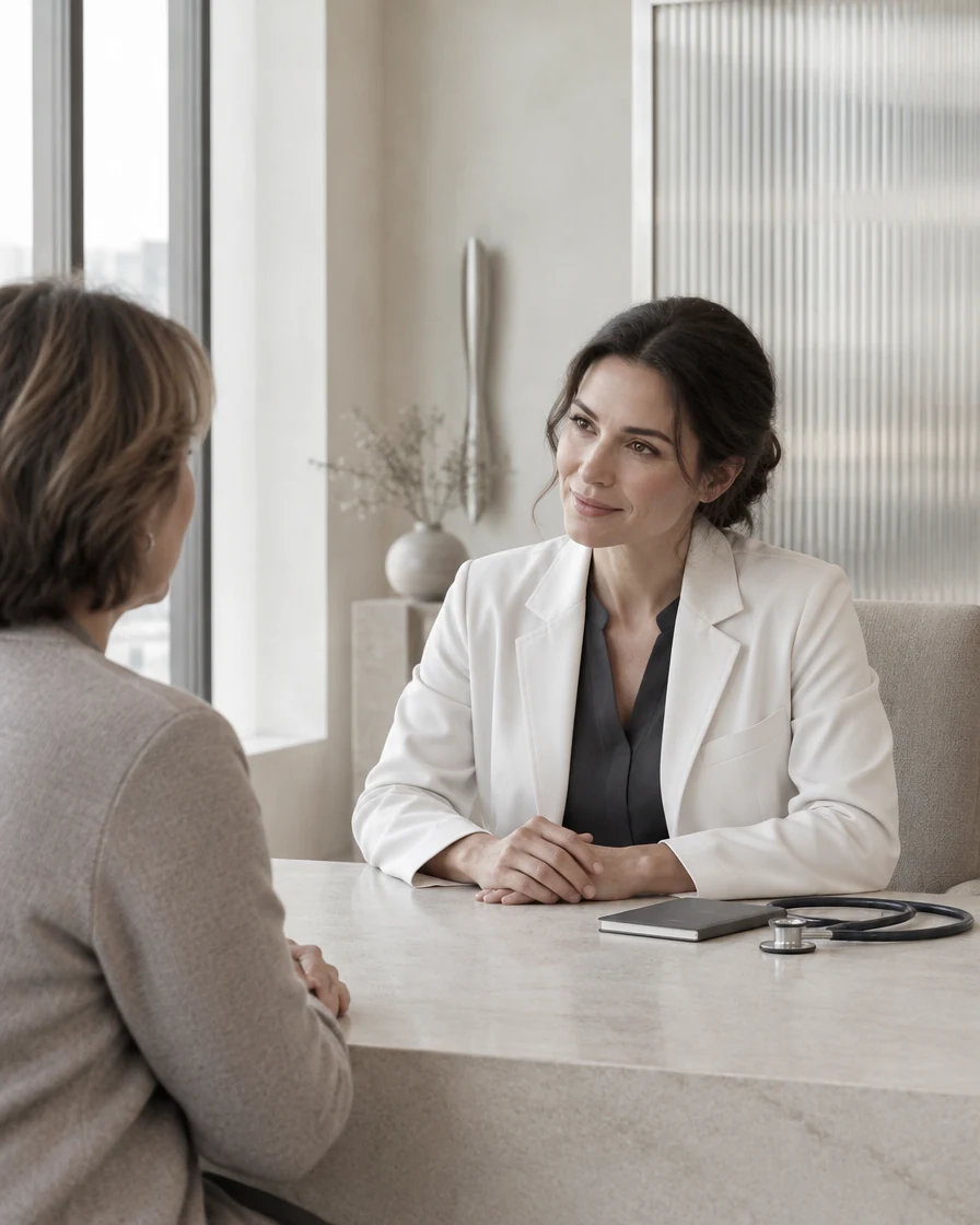 A clinician listens attentively to a patient in a bright consultation room